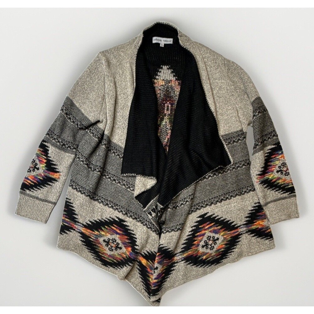 Absolutely Famous Women’s XL Tan Black Geometric Knit Open Front Shawl Cardigan